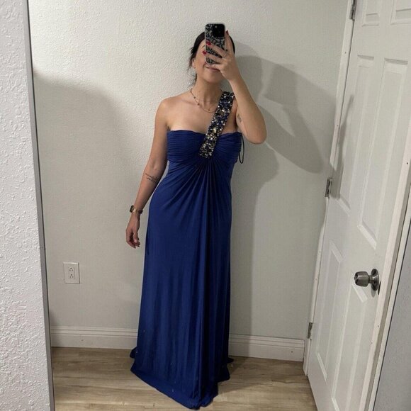 Women’s MIGNON blue Dress Formal Gems Asymmetrical Size 6 Long Maxi‎ - Picture 1 of 12